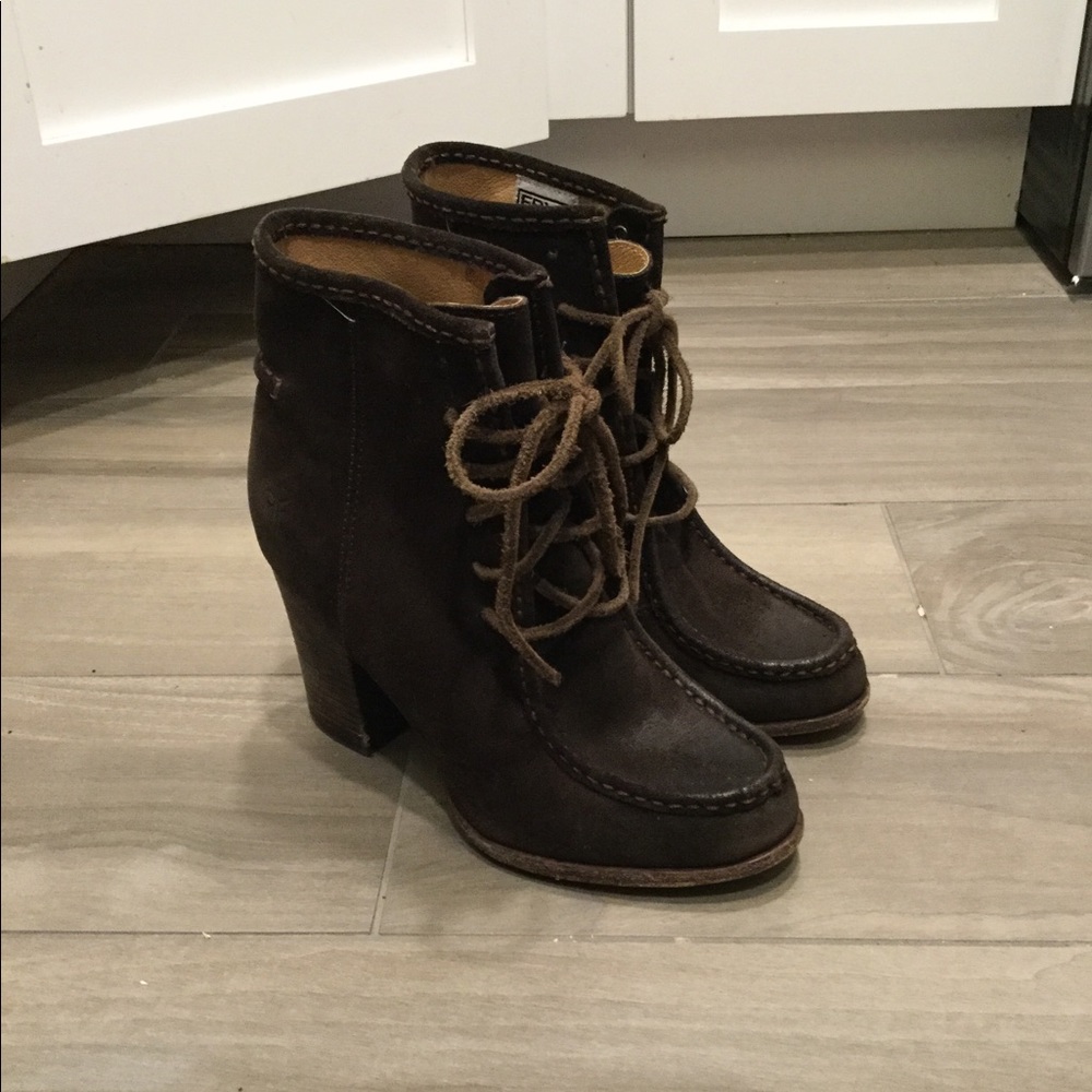 FRYE BROWN LEATHER SUEDE LEATHER CHUNKY HEEL BOOTS sz 7, NEW - Picture 10 of 10